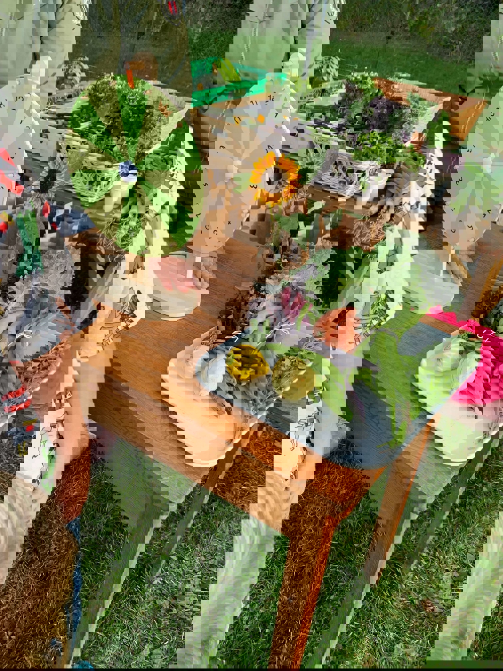 Et bord med et lykkehjul og grønnsaker